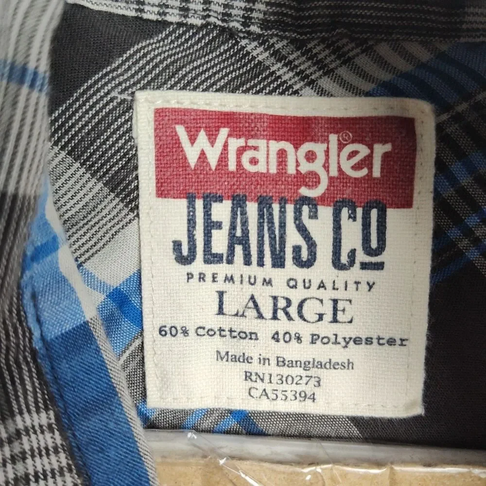 Wrangler Jeans Co. Pearl Snap-Up Shirt Men's L Blue/Brown Plaid Long Sleeves - Picture 7 of 8